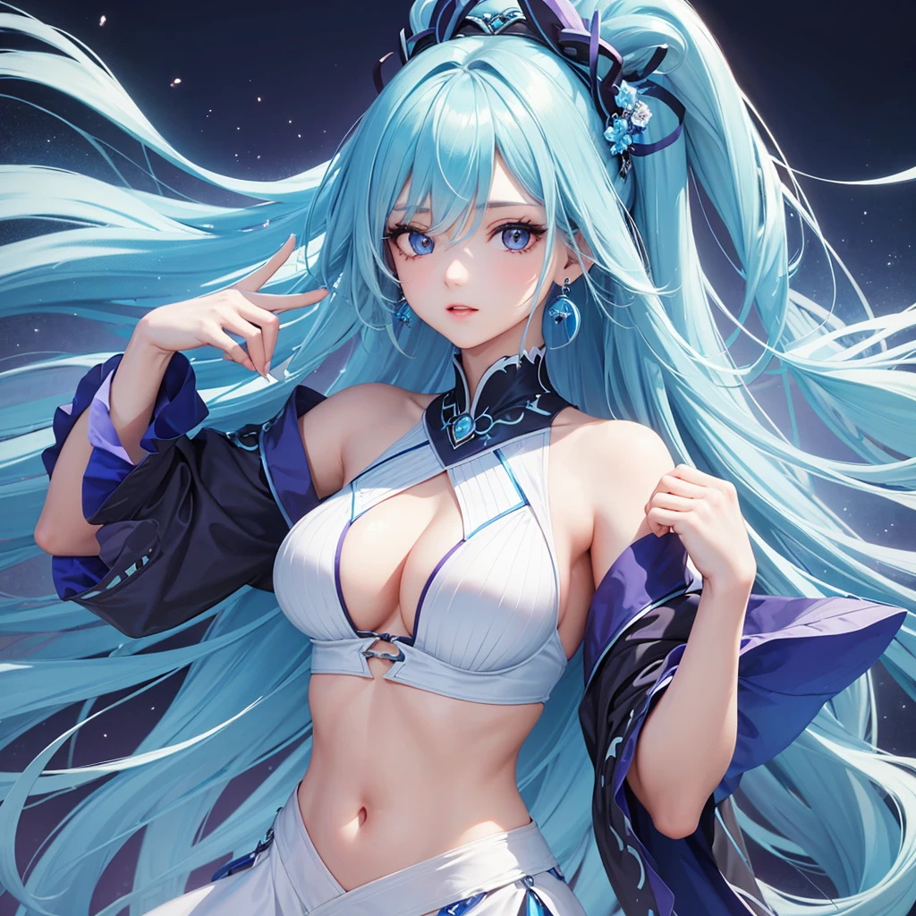 High resolution, masterpiece, Highest quality, Long Hair, Blue Hair/Light blue hair, Gradient color hairstyle, Blue to light blue gradation,Large Breasts, Earrings, One girl, Blue right eye,Purple left eye