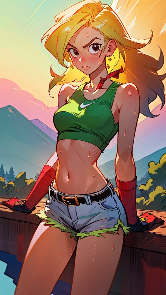 ((((masterpiece, best quality, high resolution)))), Extremely detailed 8K, 1 female, (Launch from Dragon Ball) wearing a light-green belly-baring crop tank top, yellow shorts with a red belt, brown fingerless gloves and red shoes with the Nike insignia worn with green sock, ((with a red ribbon on her hair)), (Ultra HD, Ultra-detailed, Highly detailed, Highly realistic, Ultra-realistic, photograph realistic), (1girl:1.5), (Realistic long yellow hair), (dynamic poses), facing at camera, looking at viewer, (a serious focus face), (regular black eyes, sharp eyes), (perky breasts:1.2), (beautiful detailed face, beautiful detailed eyes), ((slightly sweating)), (mountainous background), sweat, glow, (sunbeam, sunlight), ((cowboy shot)), seductive, EnvyBetterHands LoCon,