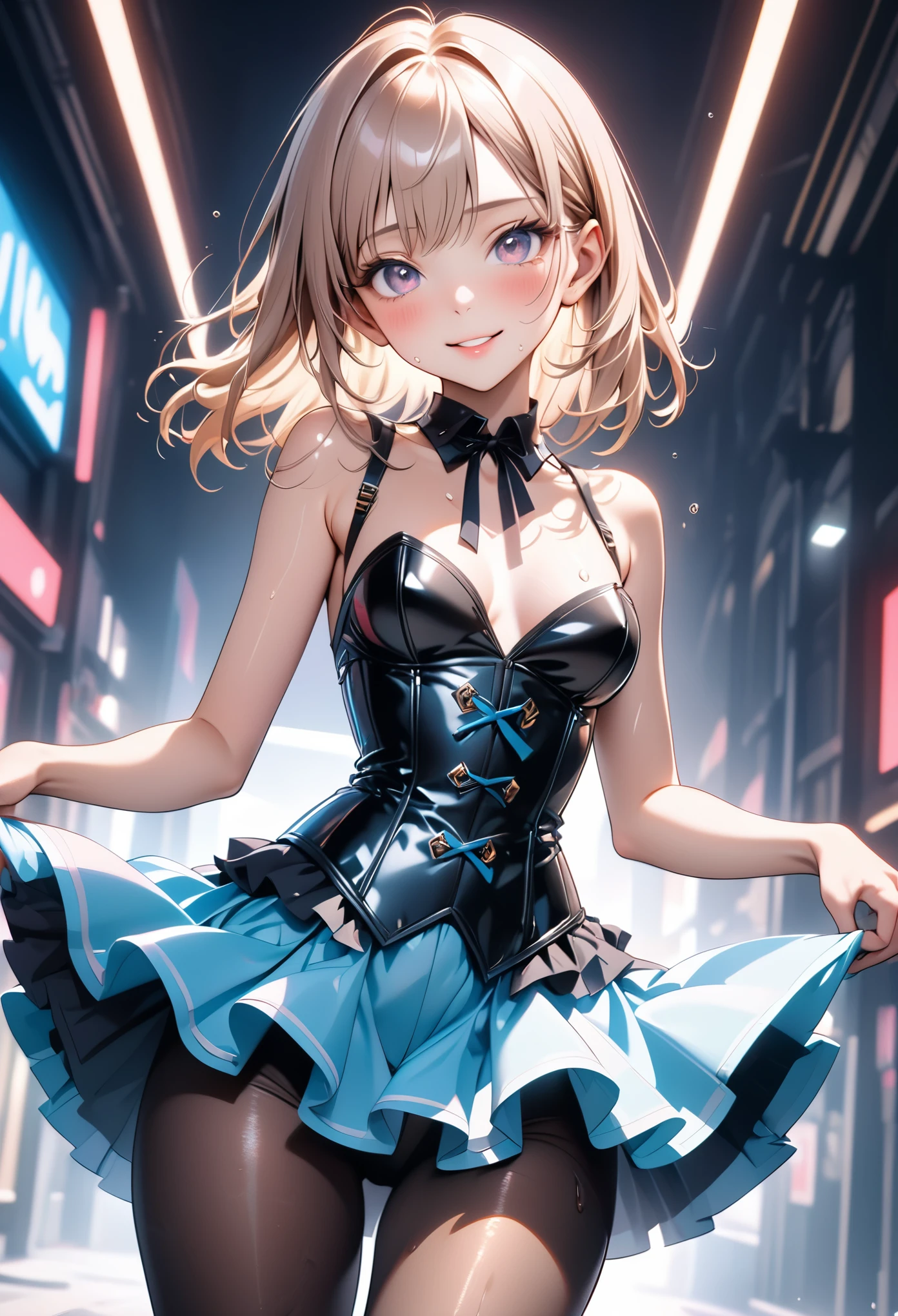 ((Fashion Model), (skirt), (pantyhose), corset costume, Neon outlines)), skinny, solo, 1 woman, Masterpiece, highest quality, highest quality, 16K, incredibly absurd, highly detailed, 2.5D, ai-generated, delicate and dynamic, very delicate facial expressions, delicate eye depiction, erotic, only sexy woman, ((A cute and kind face)), healthy figure, ((25-year-old woman)), 160cm tall, medium firm swaying bust,, blush, Sweat,Embarrassed,sexy, ((thin thighs)), (Erect nipples,:0.5), shiny and lustrous, facing straight at viewer, smile, ((Oily_skin)), ((dutch angle)), ((erotic pose)), Fashion Model poses, Fashion Model style, (Close-up),