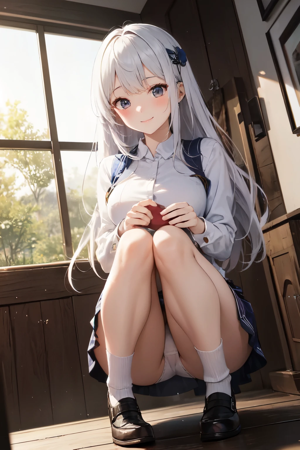 very cute and beautiful girl,(Very detailed美しい顔), (smile),blush,Black Hair,Seraphim,(White Hair、long hair),(White Shirt、Pleated navy blue pread your legs、Squat)、Sitting、(From below)、(Lace ), Country road, (Highest quality,masterpiece:1.0),Absurd,High resolution,Super detailed,Very detailed,32K,8k resolution, Intricate details,Movie Scenes,Detailed Background,alone,Dynamic Angle,