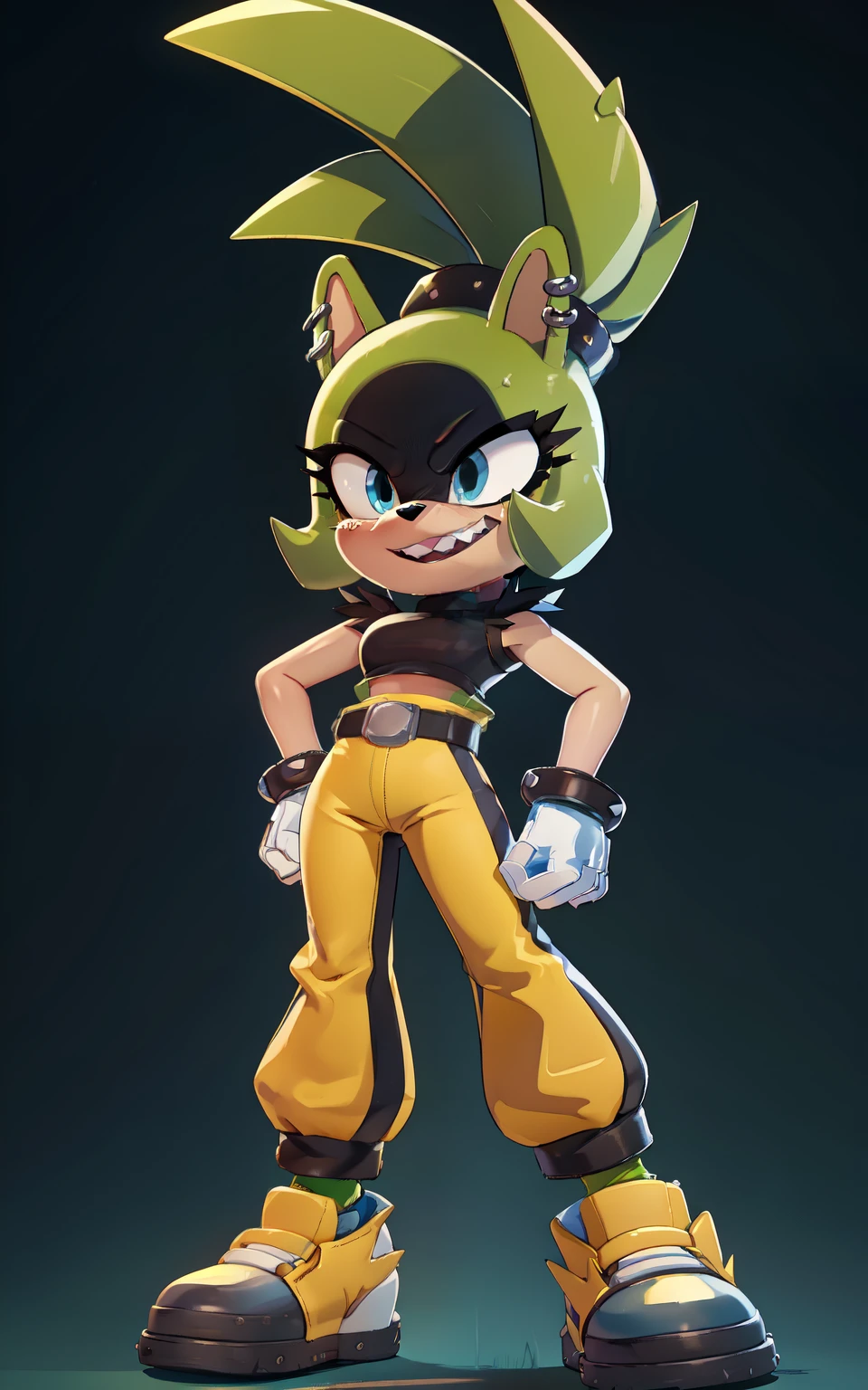 score_9,score_8_up,score_7_up, source_cartoon, source_furry, 8k,4k,((Best quality, masterpiece, ultra high resolution)),((full body)), SurgeV2,blue eyes, furry,furry female, sharp teeth, animal nose, green hair, ponytail, animal ears, green skin, spiked hair,gloves,white gloves,crop top, black crop top,sweatpants, yellow sweatpants,earrings, piercing, yellow footwear, belt, ear piercing, rings, standing, hands on hip, street, clear sky,