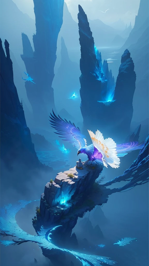 There is a bird flying on a rock in the middle of the lake, Digital 2D fantasy art, Magic concept art, fantasy art behance, detailed Digital 2D fantasy art, Beautiful concept art, High quality digital concept art, Fluid Digital Concept Art, Magic 2D Concept Art, Beautiful 3D concept art, Ross Tran and Michael Whelan, Beautiful digital artwork