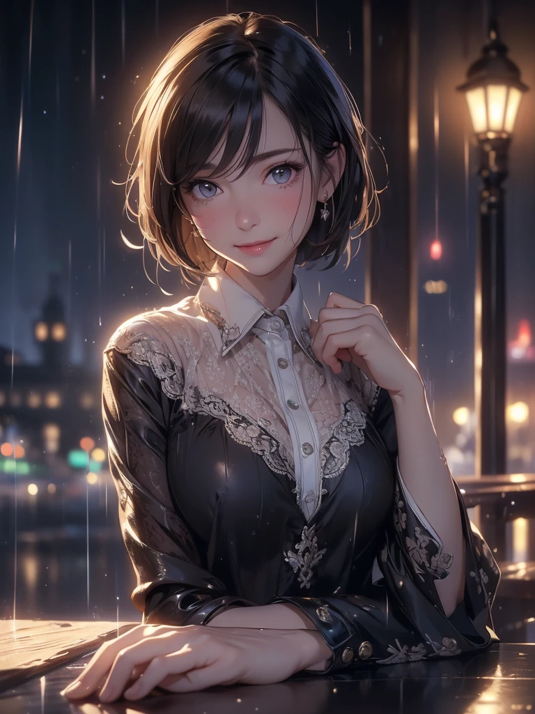 (8k, Best Quality, Masterpiece: 1.2), (Realistic, Photorealistic: 1.37), Super Detailed, 1 Girl, Cute, Alone, Beautiful Detailed Sky, Detailed Cafe, Night, Sitting, Date, ( Nose blush), (smile: 1.15), (close mouth) small breasts, beautiful details, (collared shirt: 1.1), night, wet, business wear, rain, white lace, (short hair: 1.2), floating Hair NovaFrogStyle,