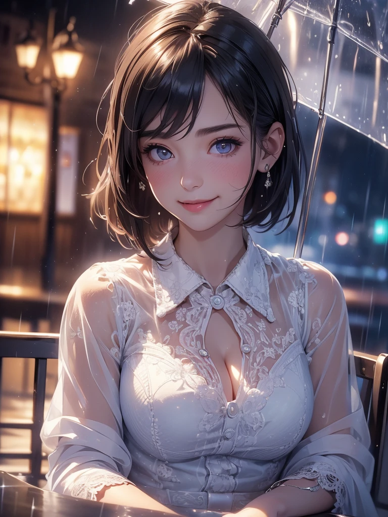 (8k, Best Quality, Masterpiece: 1.2), (Realistic, Photorealistic: 1.37), Super Detailed, 1 Girl, Cute, Alone, Beautiful Detailed Sky, Detailed Cafe, Night, Sitting, Date, ( Nose blush), (smile: 1.15), (close mouth) small breasts, beautiful details, (collared shirt: 1.1), night, wet, business wear, rain, white lace, (short hair: 1.2), floating Hair NovaFrogStyle,