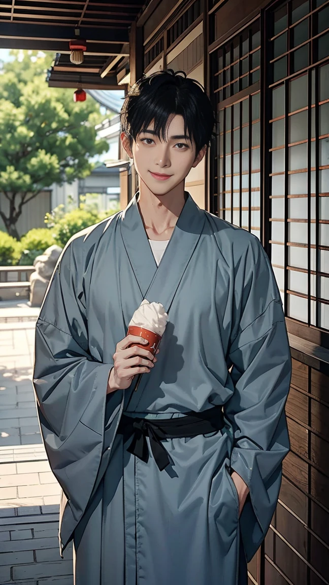Japanese men、Black Hair、Short Hair、handsome man、30 years old、Handsome、Height: 180 cm、Wearing a gray yukata、Holding an ice lolly in his hand。Smiling and laughing、Two on the cheek、drops of sweat、Eyes on the ice、Mouth open to eat ice cream、Draw the eyes delicately、
