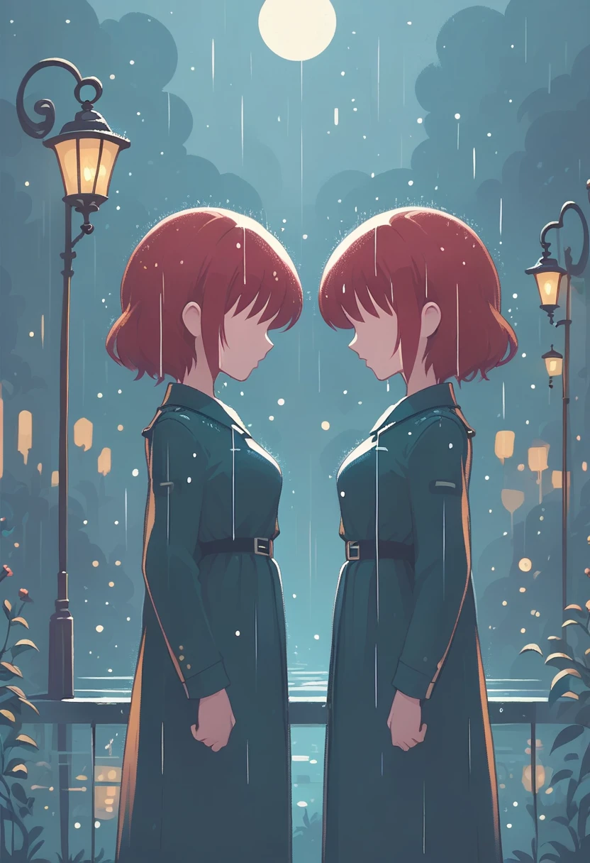 Under a dimly lit streetlamp on a rainy night, two lovers stand close, faces inches apart, their expressions a mixture of sorrow and longing. The rain adds a dramatic, melancholic touch to their emotional parting.