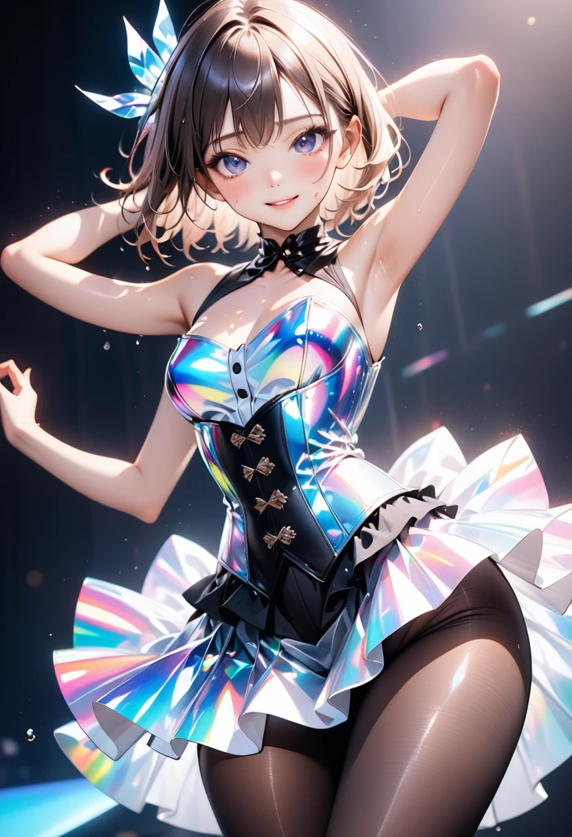 ((Fashion Model), (skirt), (pantyhose), corset costume)), holographic fabric, skinny, solo, 1 woman, Masterpiece, highest quality, highest quality, 16K, incredibly absurd, highly detailed, 2.5D, ai-generated, delicate and dynamic, very delicate facial expressions, delicate eye depiction, erotic, only sexy woman, ((A cute and kind face)), healthy figure, ((25-year-old woman)), 160cm tall, medium firm swaying bust,, blush, Sweat,Embarrassed,sexy, ((thin thighs)), (Erect nipples,:0.5), shiny and lustrous, facing straight at viewer, smile, ((Oily_skin)), ((dutch angle)), ((erotic pose)), Fashion Model poses, Fashion Model style, (Close-up),