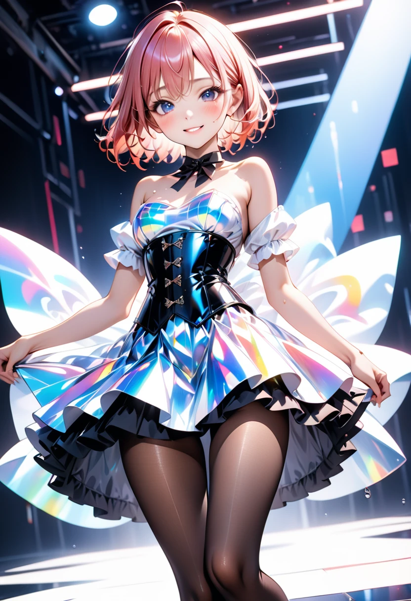 ((Fashion Model), (skirt), (pantyhose), corset costume)), holographic fabric, skinny, solo, 1 woman, Masterpiece, highest quality, highest quality, 16K, incredibly absurd, highly detailed, 2.5D, ai-generated, delicate and dynamic, very delicate facial expressions, delicate eye depiction, erotic, only sexy woman, ((A cute and kind face)), healthy figure, ((25-year-old woman)), 160cm tall, medium firm swaying bust,, blush, Sweat,Embarrassed,sexy, ((thin thighs)), (Erect nipples,:0.5), shiny and lustrous, facing straight at viewer, smile, ((Oily_skin)), ((dutch angle)), ((erotic pose)), Fashion Model poses, Fashion Model style, (Close-up),