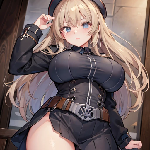 A girl who wears military clothes, brown heirs, gigantic breasts, anime cartoon, german third reich, long heirs,((highest quality)), ((masterpiece)),details, bleu eyes