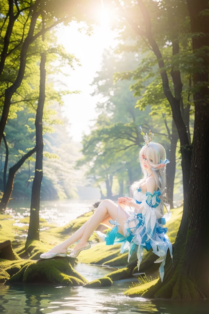 There was a woman sitting on a log in the water, Anime Girl Cosplay, Elf Queen of the Summer Forest, Ayaka Cosplay, White-haired deity, Sitting by the river, Anime role playing, Summer Goddess, Sitting in a tree, 8K)), Doll Dream, From Heaven 2, Sakura Kinomoto, next to a tree, Sakimichan