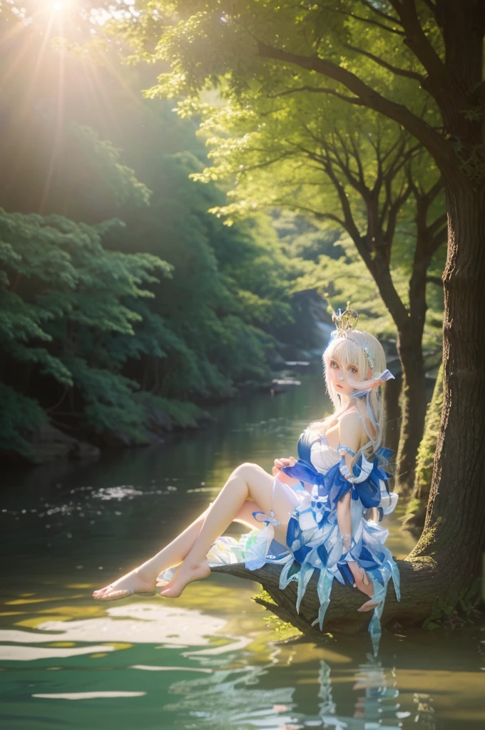There was a woman sitting on a log in the water, Anime Girl Cosplay, Elf Queen of the Summer Forest, Ayaka Cosplay, White-haired deity, Sitting by the river, Anime role playing, Summer Goddess, Sitting in a tree, 8K)), Doll Dream, From Heaven 2, Sakura Kinomoto, next to a tree, Sakimichan