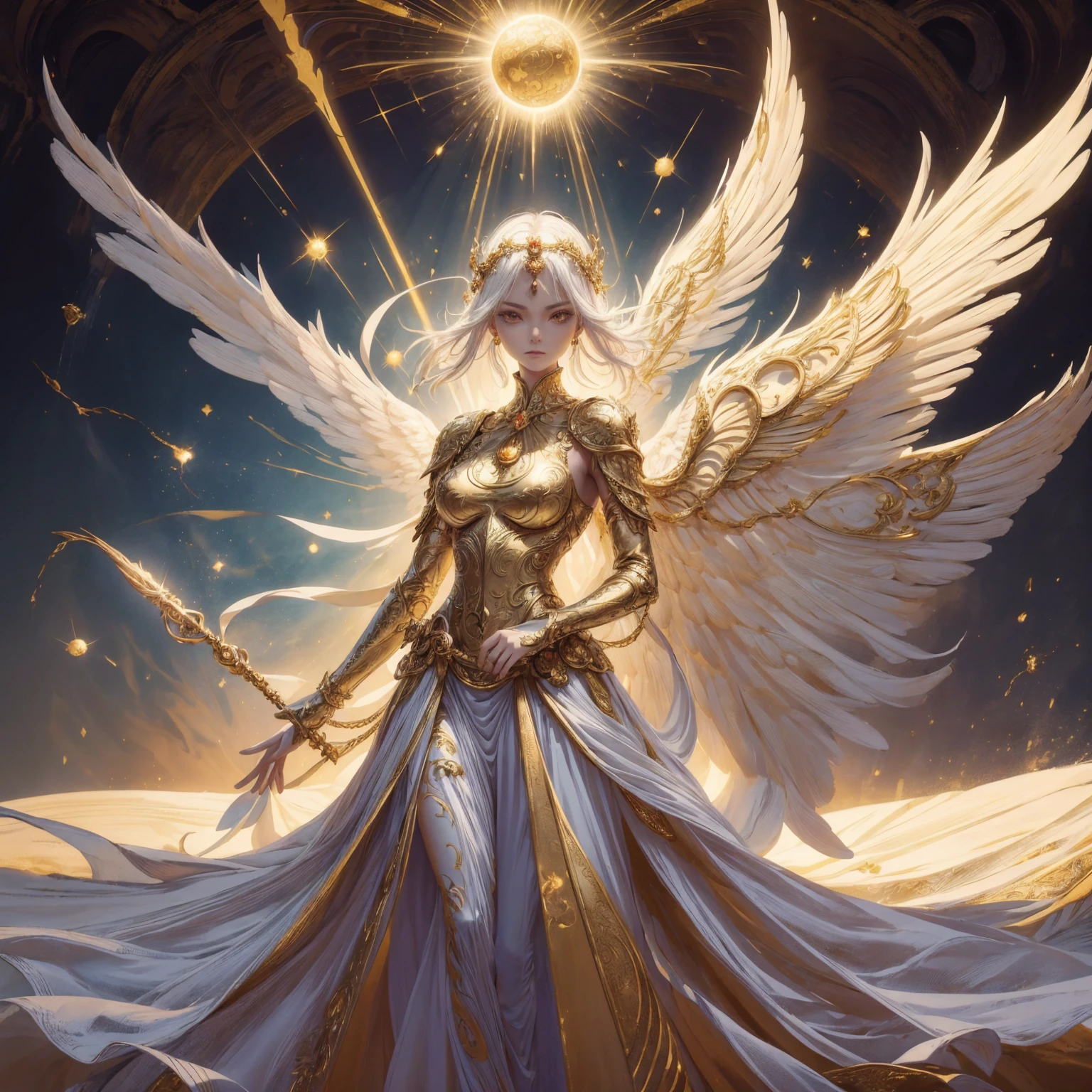 Art of Woman Wearing Sun Crown, Wearing a gorgeous golden breastplate that exposes a small amount of skin above the chest, Wearing a gorgeous golden dress, A pair of giant angel wings taller than the body spread out behind the woman., ancient goddess art, Sacredness. Very detailed, Mysterious inspiration, Inspiration from the Sun God, Religious inspiration, A divine background, Cold and snobbish face, Dangerous expressions, White hair, Standing pose floating in the air, One hand snapped its fingers while the other held a brilliant sphere as bright as the sun., Full body portrait, Gothic art style, Weird art style, Occult art, Aura of angels, contempt eyes, Divine light, Wide-angle lens, Upward Shot