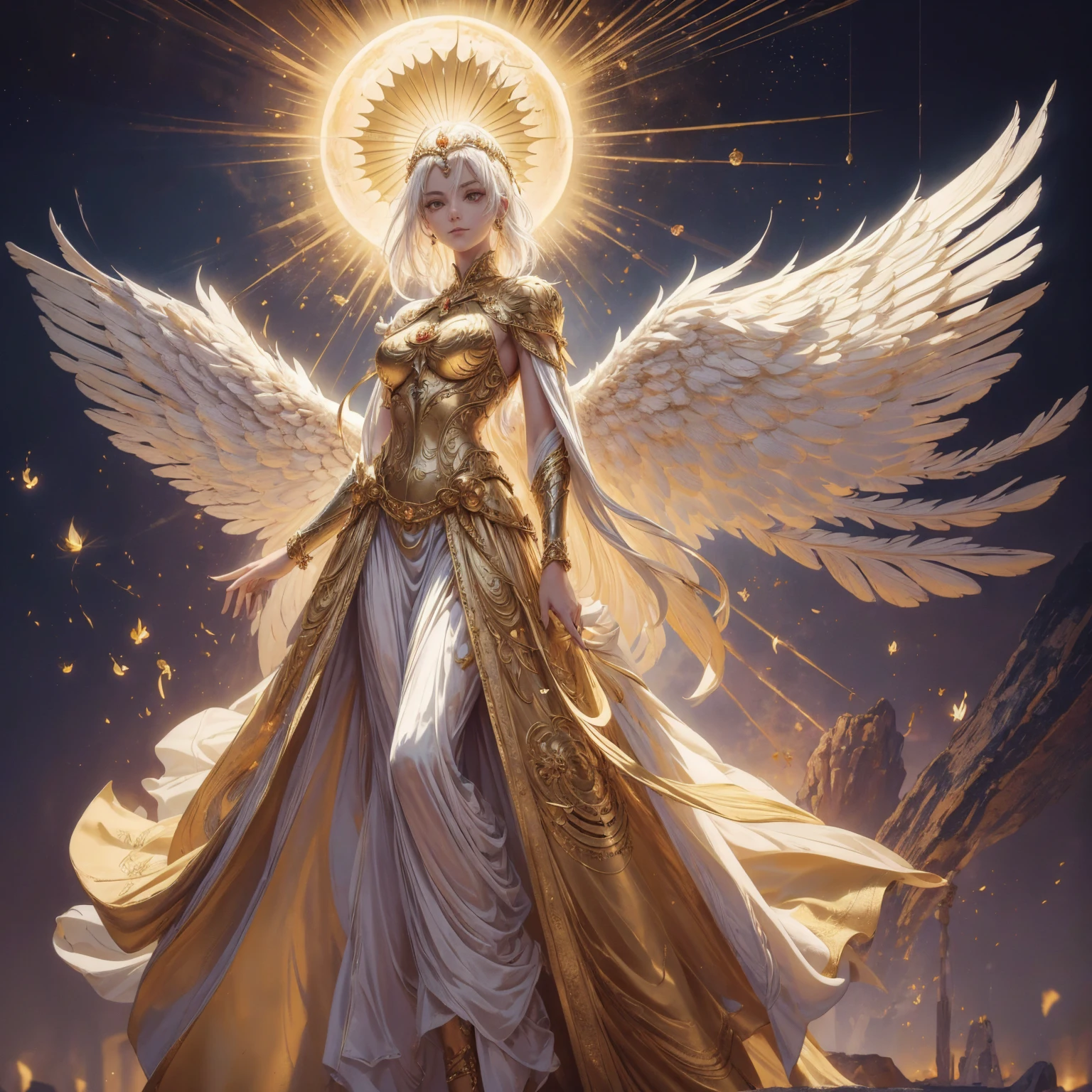 Art of Woman Wearing Sun Crown, Wearing a gorgeous golden plate that exposes a small amount of skin above the chest, Wearing a gorgeous golden dress, A pair of giant angel wings taller than the body spread out behind the woman., ancient goddess art, Sacredness. Very detailed, Mysterious inspiration, Inspiration from the Sun God, Religious inspiration, A divine background, Cold and snobbish face, Dangerous expressions, White hair, Standing pose floating in the air, One hand snapped its fingers while the other held a brilliant sphere as bright as the sun., Full body portrait, Gothic art style, Weird art style, Occult art, Aura of angels, contempt eyes, Divine light, Wide-angle lens, Upward Shot