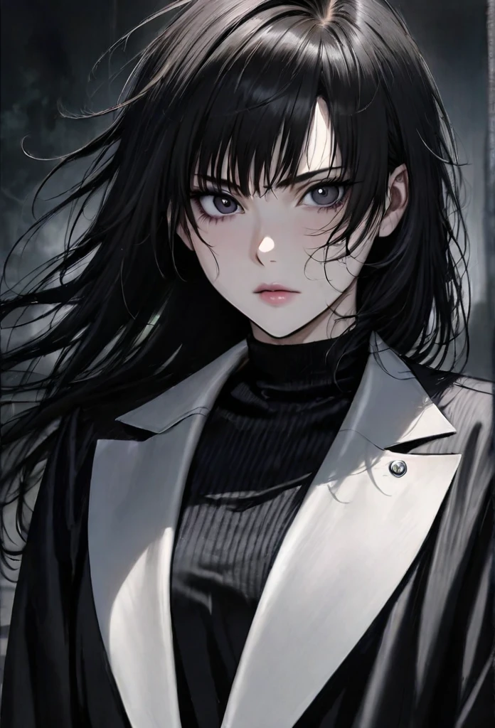 (masterpiece high quality, modern clothes) face focuss 3x4, 24 years, caitlyn, black hair, 1girl, long hair, bangs, black attire, normal , messy hair, white top suit, black clothes, anime style character, highly detailed exquisite fanart, realistc anime, black eyes
