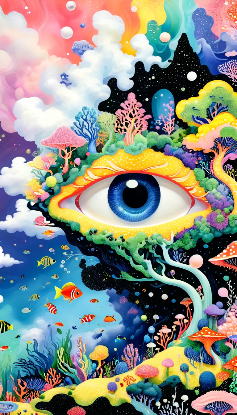 Broto art style，Strong visual fusion of multiple elements，来自Star的艺术家，Autistic artist，Colorful black，Dopamine color scheme，house、Eye、pearl珠帘、Plerogyra sinuosa、Soft coral、pearl、Star、cloud、Schools of colorful fish、Spore powder、Tentacles，Describing the inner world of autistic people，密集Pointillism method。Smooth lines。interesting，Strange illustration。Pointillism method。Strong contrast。Award-winning works。