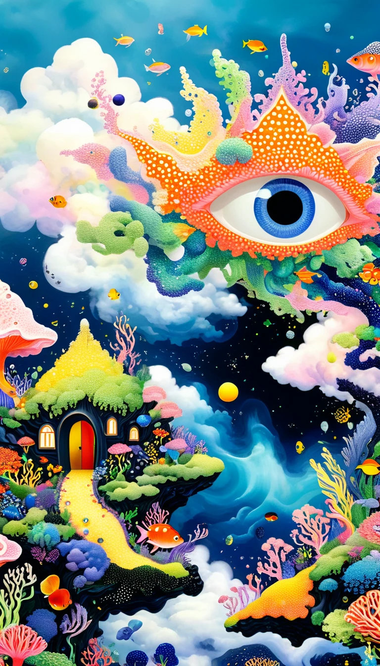 Broto art style，Strong visual fusion of multiple elements，来自Star的艺术家，Colorful black，Dopamine color scheme，house、Eye、pearl珠帘、Plerogyra sinuosa、Soft coral、pearl、Star、cloud、Schools of colorful fish、Spore powder、Tentacles，Describing the inner world of autistic people，密集Pointillism method。Smooth lines。interesting，Strange illustration。Pointillism method。Strong contrast。Award-winning works。