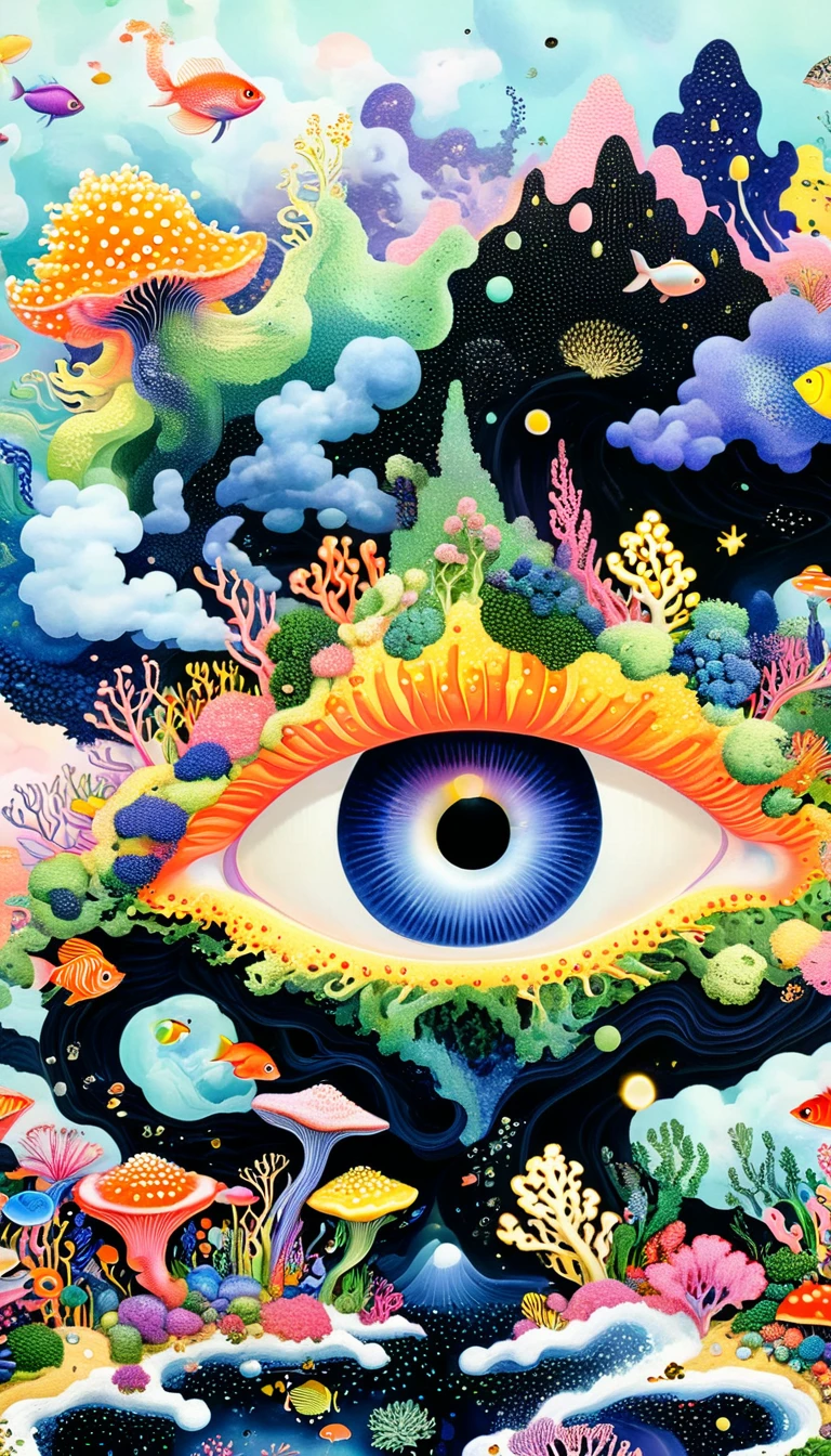 Broto art style，Strong visual fusion of multiple elements，来自Star的艺术家，Autistic artist，Colorful black，Dopamine color scheme，house、Eye、pearl珠帘、Plerogyra sinuosa、Soft coral、pearl、Star、cloud、Schools of colorful fish、Spore powder、Tentacles，Describing the inner world of autistic people，密集Pointillism method。Smooth lines。interesting，Strange illustration。Pointillism method。Strong contrast。Award-winning works。