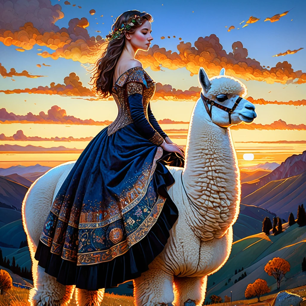 A lady in a brown dress rides gracefully atop an alpaca during a mesmerizing sunset. The scene is rendered in a hyperdetailed mosaic sequin style, with the dress and alpaca shimmering in the warm, golden light. The intricate and luxurious style of Gustav Klimt is evident in the detailed patterns of the dress and the alpaca's fur, while John Salminen's attention to urban detail subtly grounds the backdrop in shades of dark blue and light beige. The romantic aesthetic of William Wendt adds an enchanting glow to the scene, with Krenz Cushart's ethereal realism bringing the lady and alpaca to life. The sunset casts a magical aura, blending romanticism and realism into a captivating, dreamlike moment.
