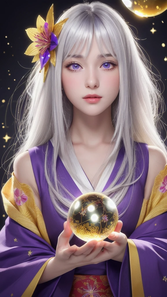 (masterpiece:1.3), (8k, photorealistic, raw photo, highest quality:1.4), (one girl), beautiful face, (realistic face), (long hair), (silver hair, near white hair, shiny hair, beautiful straight hair), (even bangs), (sharp bangs), straight hairstyle, realistic eyes, beautiful detailed eyes (purple eyes), (sharp eyes), (realistic skin), beautiful skin, (kimono), (magician's kimono), (flower hair ornament), attractive, ultra high resolution, ultra realistic, highly detailed, golden ratio, colorful background, (flowers blooming), (energy dancing background), magician, facing forward, facing from shoulders, looking straight ahead, both shoulders facing towards you, holding crystal ball, (heart crystal ball, love crystal ball).
