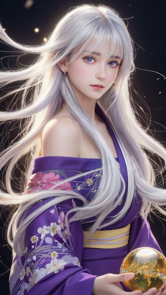 (masterpiece:1.3), (8k, photorealistic, raw photo, highest quality:1.4), (one girl), beautiful face, (realistic face), (long hair), (silver hair, near white hair, shiny hair, beautiful straight hair), (even bangs), (sharp bangs), straight hairstyle, realistic eyes, beautiful detailed eyes (purple eyes), (sharp eyes), (realistic skin), beautiful skin, (kimono), (magician's kimono), (flower hair ornament), attractive, ultra high resolution, ultra realistic, highly detailed, golden ratio, colorful background, (flowers blooming), (energy dancing background), magician, facing forward, facing from shoulders, looking straight ahead, both shoulders facing towards you, holding crystal ball, (heart crystal ball, love crystal ball).