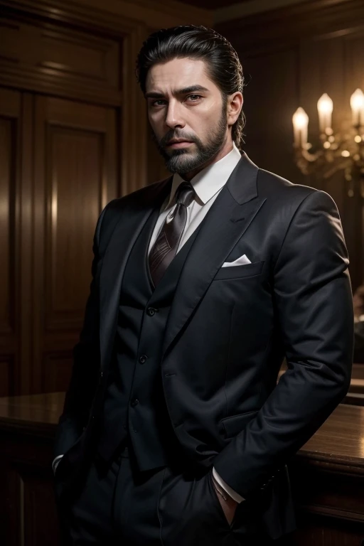 Very muscular mature man 30 years old in suit and dark beard Michael Corleone sexy angry gangster without tie