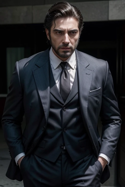 Very muscular mature man 30 years old in suit and dark beard Michael Corleone sexy angry gangster without tie