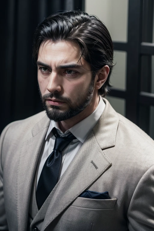 Very muscular mature man 30 years old in suit and dark beard Michael Corleone sexy angry gangster without tie