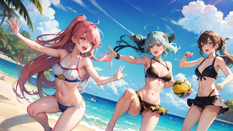 best quality, highres, absurdres, ultra-detailed, lora:SuzuyaV2:1, suzuya_(kancolle), a group of three girls in very skimpy, colorful bikinis (pink, blue, and yellow) playing beach volleyball. They are laughing and enjoying the sunny day, with clear blue skies above and the sparkling ocean in the background. One girl is jumping to hit the ball with her body in a tantalizing pose, while the others watch with excited expressions. Their poses and movements are flirtatious and suggestive. Hands are not visible."