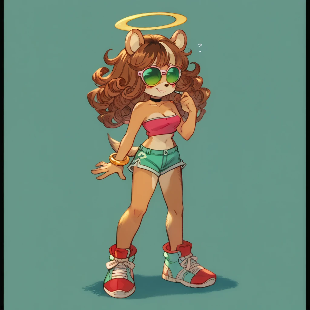 score_9, score_8_up, solo, mobian, hedgehog, two-tone fur ((orange fur, brown fur)), pyjama elastic shorts, strapless crop top, cleavage, high-top sneakers, two-tone hair (brown hair, black tip)), curly hair, halo, sunglasses, jewelry, red eyes, longeyelashes, red eyes, smile, shy, blush