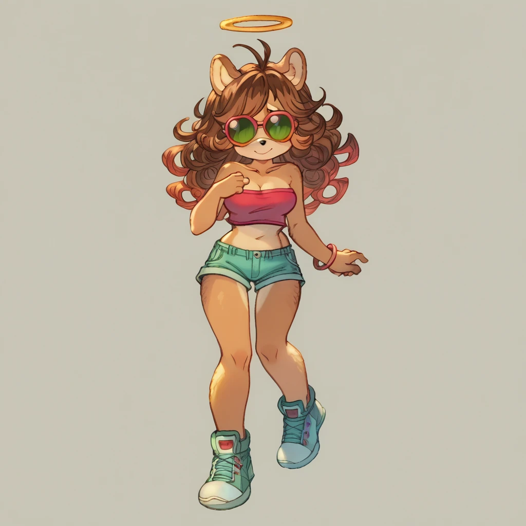 score_9, score_8_up, solo, mobian, hedgehog, two-tone fur ((orange fur, brown fur)), pyjama elastic shorts, strapless crop top, cleavage, high-top sneakers, two-tone hair (brown hair, black tip)), curly hair, halo, sunglasses, jewelry, red eyes, longeyelashes, red eyes, smile, shy, blush