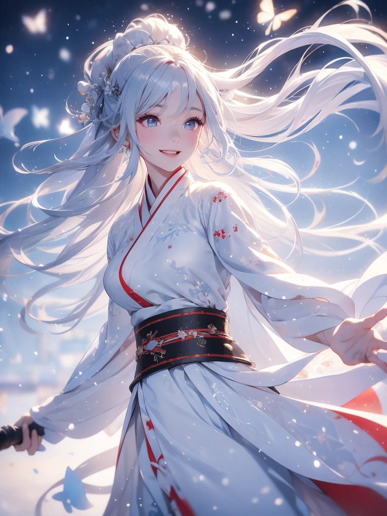 Best quality, 4K picture quality, 1girl, white Hanfu, snow, long hair fluttering in the wind, healing smile, large aperture, blurred background