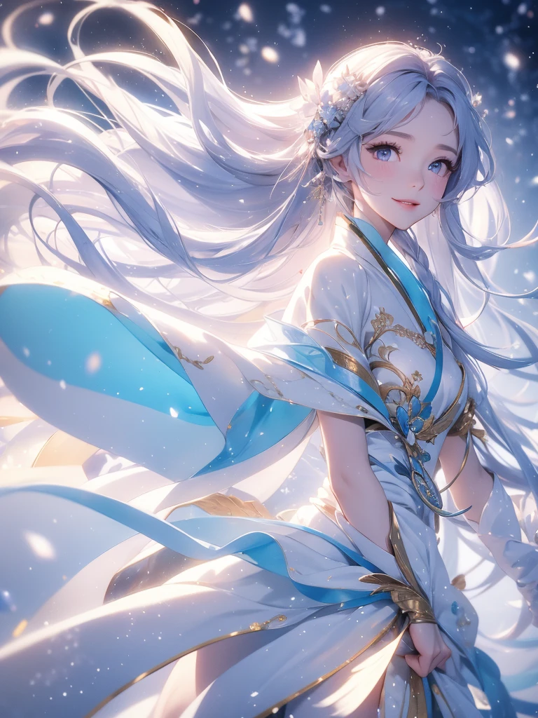 Best quality, 4K picture quality, 1girl, white Hanfu, snow, long hair fluttering in the wind, healing smile, large aperture, blurred background