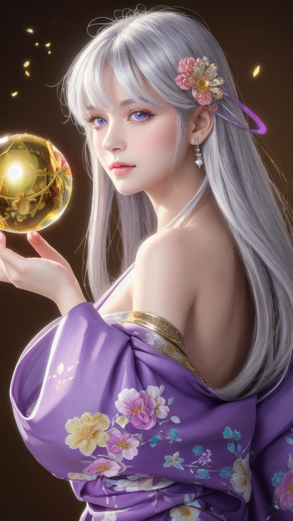 (masterpiece:1.3), (8k, photorealistic, raw photo, highest quality:1.4), (one girl), beautiful face, (realistic face), (long hair), (silver hair, near white hair, shiny hair, beautiful straight hair), (even bangs), (sharp bangs), straight hairstyle, realistic eyes, beautiful detailed eyes (purple eyes), (sharp eyes), (realistic skin), beautiful skin, (kimono), (magician's kimono), (flower hair ornament), attractive, ultra high resolution, ultra realistic, highly detailed, golden ratio, colorful background, (flowers blooming), (energy dancing background), magician, facing forward, facing from shoulders, looking straight ahead, both shoulders facing towards you, holding crystal ball, (heart crystal ball, love crystal ball).