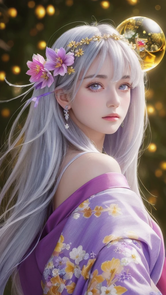 (masterpiece:1.3), (8k, photorealistic, raw photo, highest quality:1.4), (one girl), beautiful face, (realistic face), (long hair), (silver hair, near white hair, shiny hair, beautiful straight hair), (even bangs), (sharp bangs), straight hairstyle, realistic eyes, beautiful detailed eyes (purple eyes), (sharp eyes), (realistic skin), beautiful skin, (kimono), (magician's kimono), (flower hair ornament), attractive, ultra high resolution, ultra realistic, highly detailed, golden ratio, colorful background, (flowers blooming), (energy dancing background), magician, facing forward, facing from shoulders, looking straight ahead, both shoulders facing towards you, holding crystal ball, (heart crystal ball, love crystal ball).