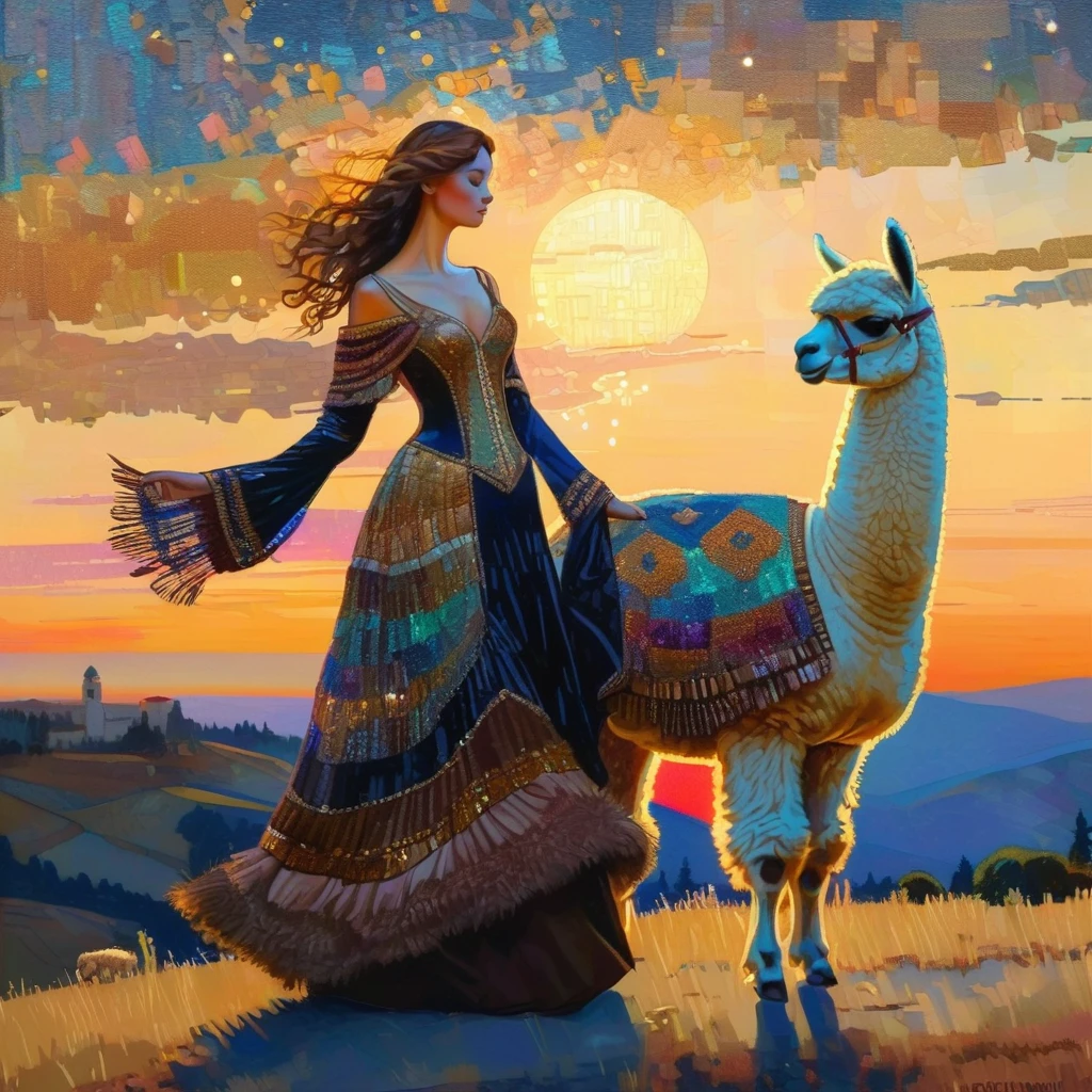 A lady in a brown dress rides gracefully atop an alpaca during a mesmerizing sunset. The scene is rendered in a hyperdetailed mosaic sequin style, with the dress and alpaca shimmering in the warm, golden light. The intricate and luxurious style of Gustav Klimt is evident in the detailed patterns of the dress and the alpaca's fur, while John Salminen's attention to urban detail subtly grounds the backdrop in shades of dark blue and light beige. The romantic aesthetic of William Wendt adds an enchanting glow to the scene, with Krenz Cushart's ethereal realism bringing the lady and alpaca to life. The sunset casts a magical aura, blending romanticism and realism into a captivating, dreamlike moment.
