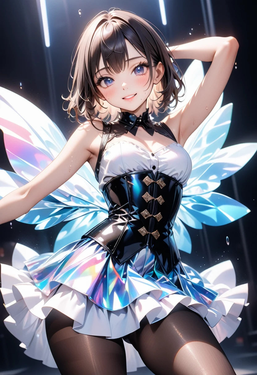 ((Fashion Model), (skirt), (pantyhose), corset costume)), holographic fabric, skinny, solo, 1 woman, Masterpiece, highest quality, highest quality, 16K, incredibly absurd, highly detailed, 2.5D, ai-generated, delicate and dynamic, very delicate facial expressions, delicate eye depiction, erotic, only sexy woman, ((A cute and kind face)), healthy figure, ((25-year-old woman)), 160cm tall, medium firm swaying bust,, blush, Sweat,Embarrassed,sexy, ((thin thighs)), (Erect nipples,:0.5), shiny and lustrous, facing straight at viewer, smile, ((Oily_skin)), ((dutch angle)), ((erotic pose)), Fashion Model poses, Fashion Model style, (Close-up),