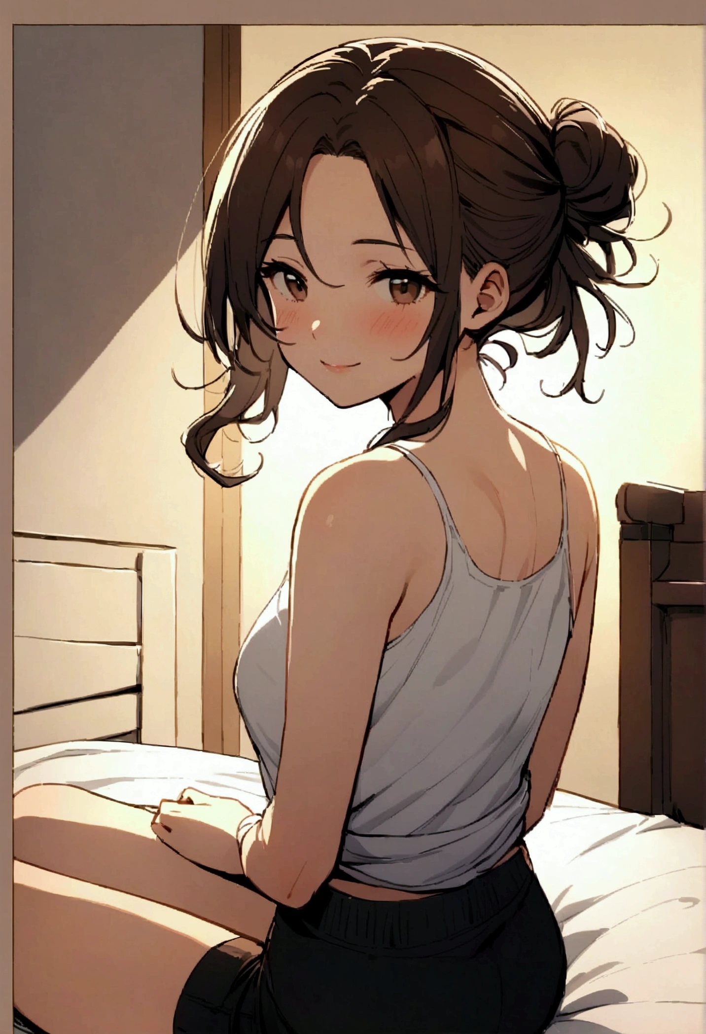 There is a 30 year old woman sitting on the edge of a bed, looking back at the POV. The woman is wearing a white tank-top and black shorts, and has dark brown wavy hair. Her hair is tied up in a loose, messy bun. The bedroom is dimly lit and a cozy atmosphere. The woman has a friendly face, a soft smile and expression. She has a light blush, and has a slender yet curvy body.