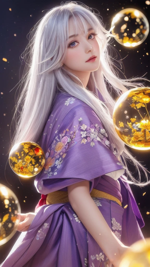 (masterpiece:1.3), (8k, photorealistic, raw photo, highest quality:1.4), (one girl), beautiful face, (realistic face), (long hair), (silver hair, near white hair, shiny hair, beautiful straight hair), (even bangs), (sharp bangs), straight hairstyle, realistic eyes, beautiful detailed eyes (purple eyes), (sharp eyes), (realistic skin), beautiful skin, (kimono), (magician's kimono), (flower hair ornament), attractive, ultra high resolution, ultra realistic, highly detailed, golden ratio, colorful background, (flowers blooming), (energy dancing background), magician, facing forward, facing from shoulders, looking straight ahead, both shoulders facing towards you, holding crystal ball, (heart crystal ball, love crystal ball).