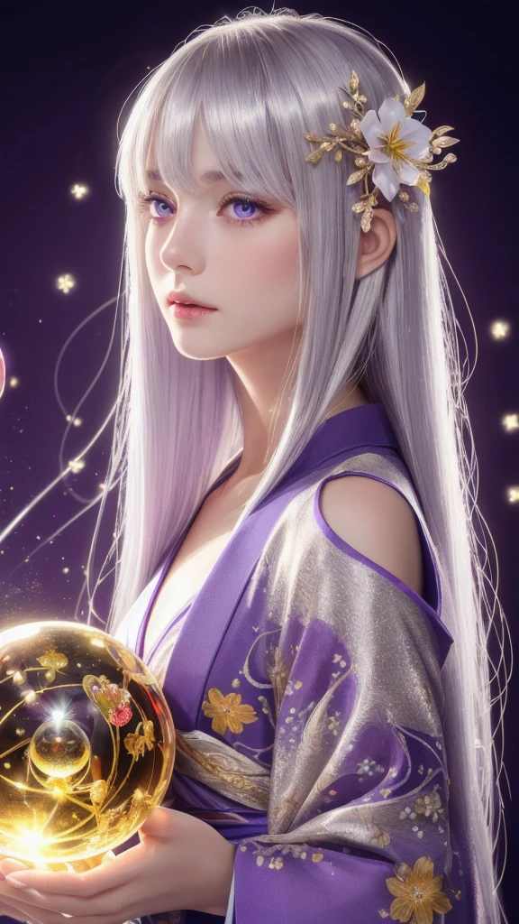 (masterpiece:1.3), (8k, photorealistic, raw photo, highest quality:1.4), (one girl), beautiful face, (realistic face), (long hair), (silver hair, near white hair, shiny hair, beautiful straight hair), (even bangs), (sharp bangs), straight hairstyle, realistic eyes, beautiful detailed eyes (purple eyes), (sharp eyes), (realistic skin), beautiful skin, (kimono), (magician's kimono), (flower hair ornament), attractive, ultra high resolution, ultra realistic, highly detailed, golden ratio, colorful background, (flowers blooming), (energy dancing background), magician, facing forward, facing from shoulders, looking straight ahead, both shoulders facing towards you, holding crystal ball, (heart crystal ball, love crystal ball).