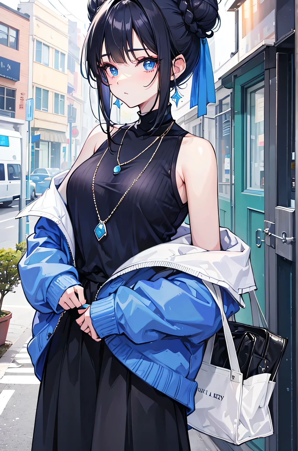  Blue half-shoulder sweater，Fair skin and beautiful appearance，Black hair loli bun，Sweet peach face makeup，necklace