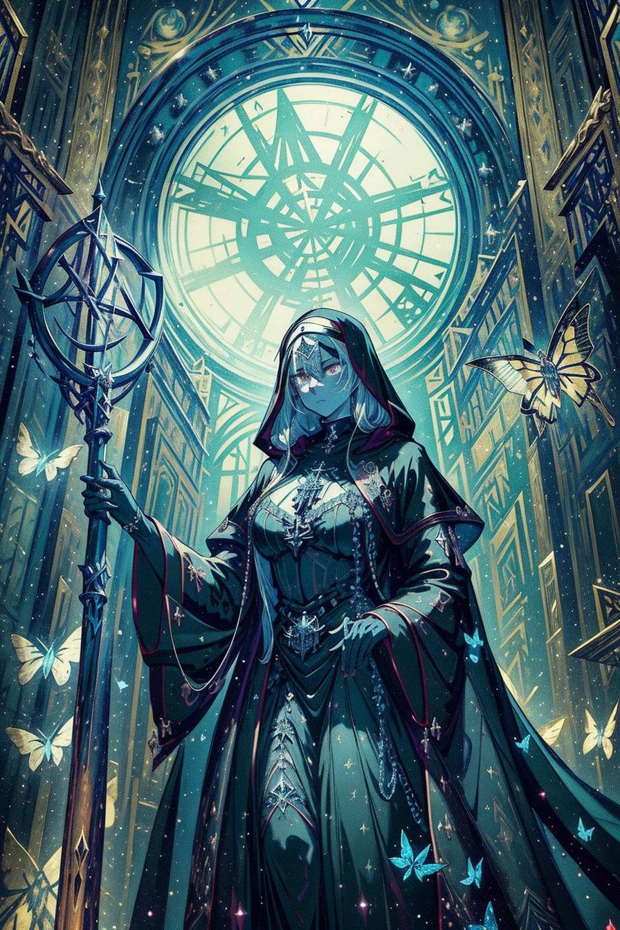 Create manga prompt: A mysterious and dark figure of a nun stands in a grand, gothic cathedral. She is draped in flowing black robes adorned with intricate silver and blue details, including skulls and ornate jewelry. The nun holds a large, elaborate staff topped with a skull, which glows with an eerie light. Her face is hidden beneath her hood, giving her an enigmatic and powerful presence. The background features a large, circular, illuminated symbol, adding a mystical and almost divine atmosphere to the scene. Butterflies flutter around, adding a touch of delicate contrast to the dark and ominous setting. The overall mood is haunting and otherworldly, with a strong emphasis on the blend of gothic and mystical elements. (masterpiece: 2), best quality, ultra highres, original, extremely detailed, perfect lighting