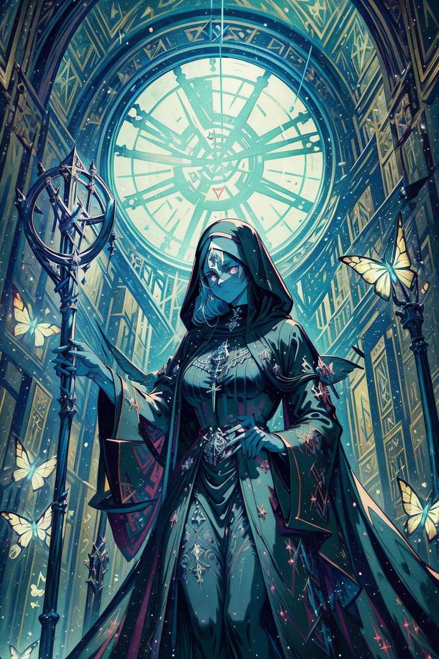 Create manga prompt: A mysterious and dark figure of a nun stands in a grand, gothic cathedral. She is draped in flowing black robes adorned with intricate silver and blue details, including skulls and ornate jewelry. The nun holds a large, elaborate staff topped with a skull, which glows with an eerie light. Her face is hidden beneath her hood, giving her an enigmatic and powerful presence. The background features a large, circular, illuminated symbol, adding a mystical and almost divine atmosphere to the scene. Butterflies flutter around, adding a touch of delicate contrast to the dark and ominous setting. The overall mood is haunting and otherworldly, with a strong emphasis on the blend of gothic and mystical elements. (masterpiece: 2), best quality, ultra highres, original, extremely detailed, perfect lighting