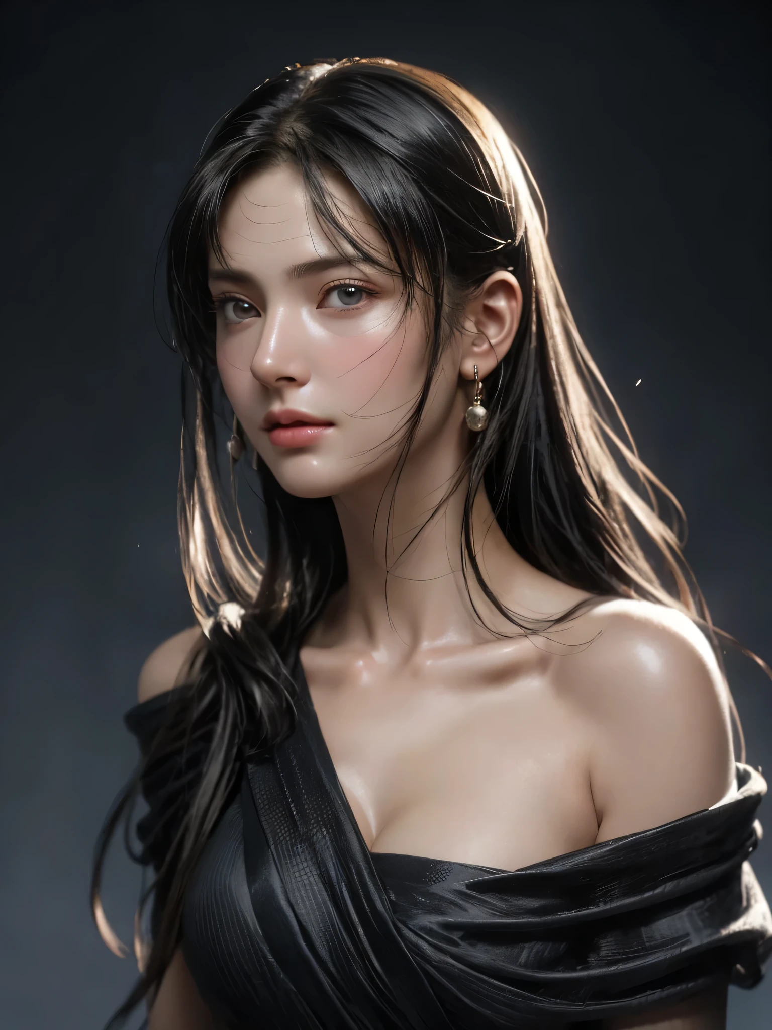 Top Quality, Masterpiece, Ultra High Definition, (Photorealistic: 1.4), Raw Photo, 1 Girl, Black Hair, Glossy Skin, WET BODY, Dramatic Lighting, Full Body,, Black Bikini, Big