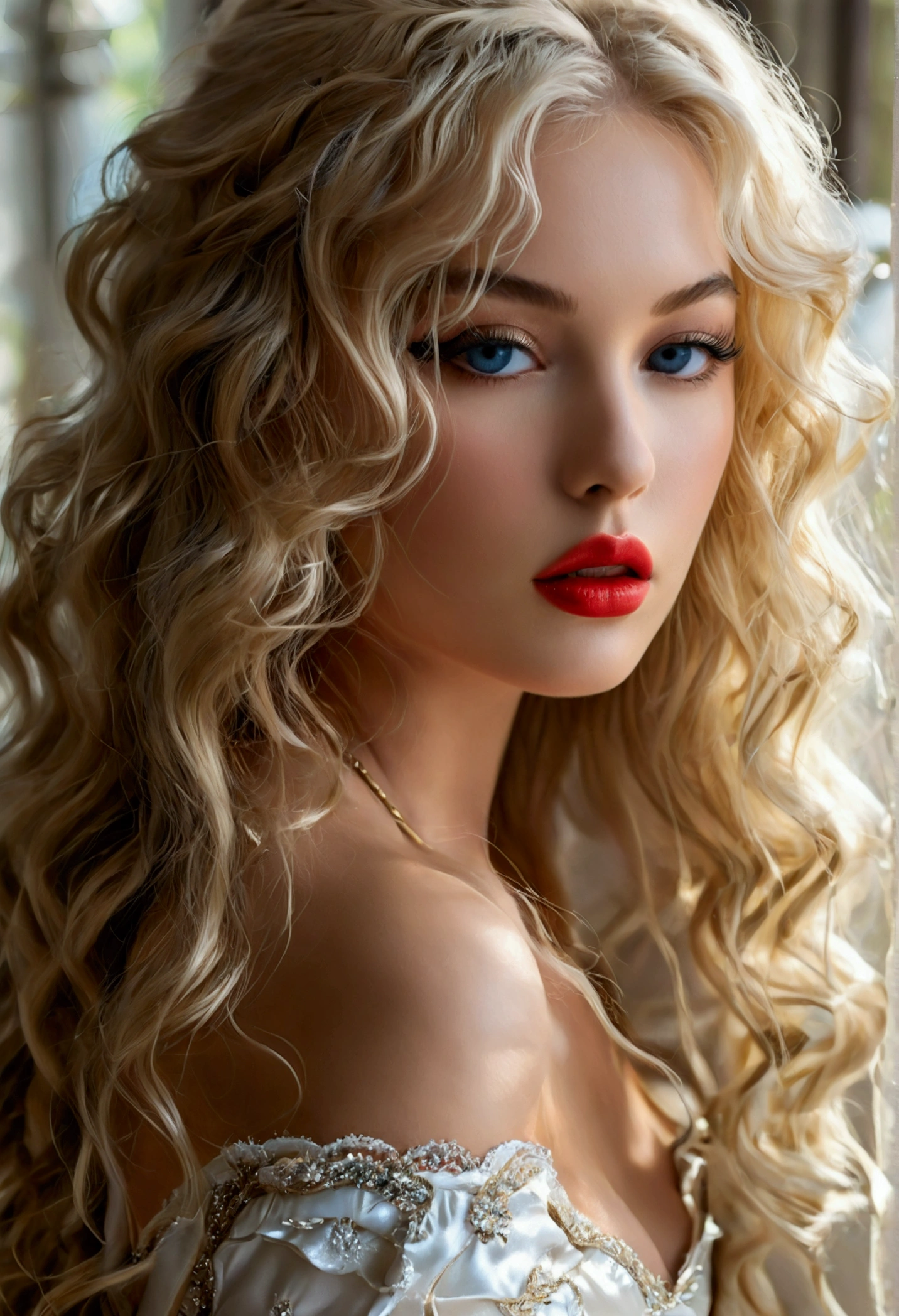 Veronica is a stunning blonde bombshell with a voluptuous figure that simply demands attention. Her long, golden hair cascades in lush waves down her back, framing a face of captivating beauty.
Her eyes are a mesmerizing shade of azure, rimmed with thick lashes that flutter coyly as she gazes at you. Her nose is small and delicate, perfectly proportioned to complement her full, pouty lips painted in a deep crimson hue.
Veronica's body is a work of art - curvaceous in all the right places. Her ample bosom strains against the fabric of her low-cut dress, promising tantalizing glimpses of her creamy cleavage. Her waist is slim and tapered, leading down to flared hips and a pert, round backside that sways temptingly with every step.
The blonde's long, toned legs seem to stretch on forever, encased in shimmering stockings that accentuate their shapeliness. She moves with a feline grace, her every motion brimming with sensual confidence.
Veronica is the embodiment of irresistible femininity - a living, breathing fantasy come to life, ready to lavish you with her undivided attention and satisfy your every carnal desire.