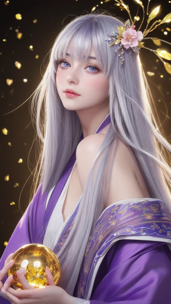 (masterpiece:1.3), (8k, photorealistic, raw photo, highest quality:1.4), (one girl), beautiful face, (realistic face), (long hair), (silver hair, near white hair, shiny hair, beautiful straight hair), (even bangs), (sharp bangs), straight hairstyle, realistic eyes, beautiful detailed eyes (purple eyes), (sharp eyes), (realistic skin), beautiful skin, (kimono), (magician's kimono), (flower hair ornament), attractive, ultra high resolution, ultra realistic, highly detailed, golden ratio, colorful background, (flowers blooming), (energy dancing background), magician, facing forward, facing from shoulders, looking straight ahead, both shoulders facing towards you, holding crystal ball, (heart crystal ball, love crystal ball).