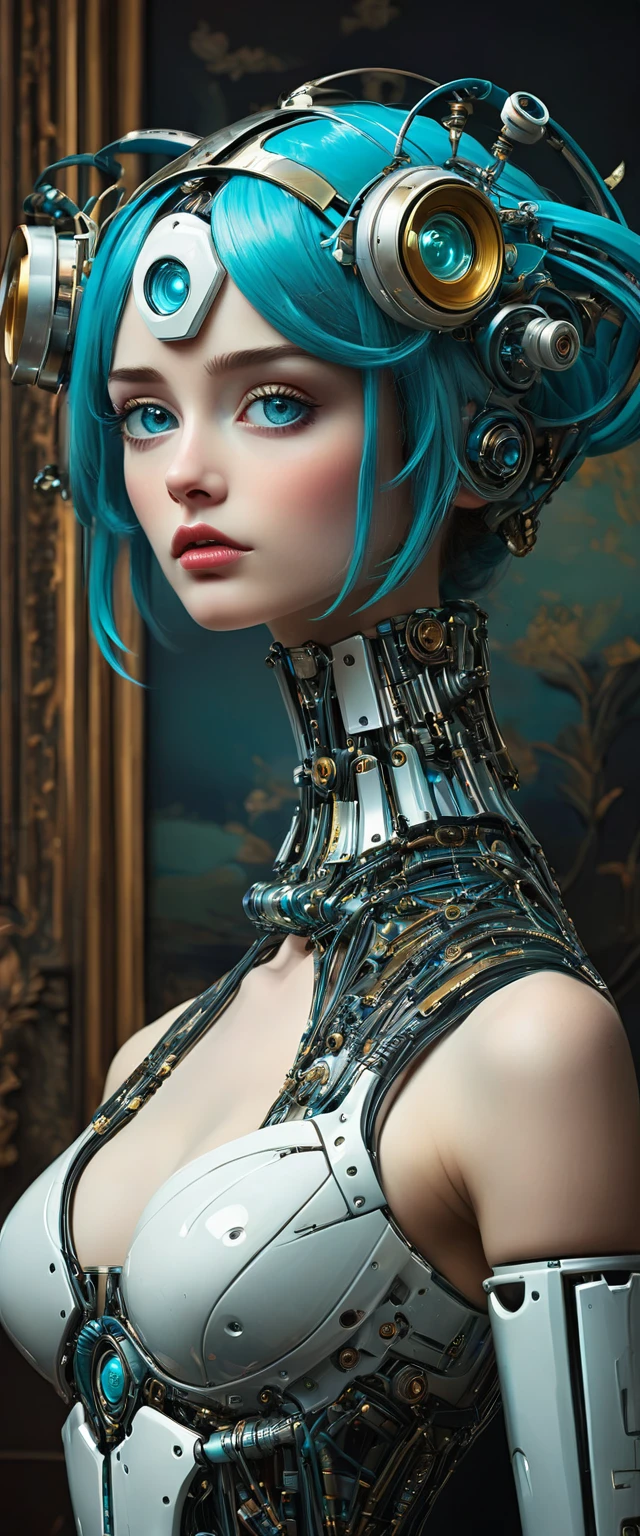 A cinematic masterpiece unfolds as a little funny robot, its porcelain face and head exquisitely detailed, gazes out with perfect, top-quality turquoise eyes. Framed against a dark dramatic backdrop, reminiscent of Jeremy Mann and Charles Dana Gibson's works. The robot's pose is statuesque, bathed in an atmospheric lighting that accentuates the intricate details of its design. Mark Demsteder and Paul Hedley's styles also come to mind as this stunning piece transports viewers to a world of whimsy and wonder.