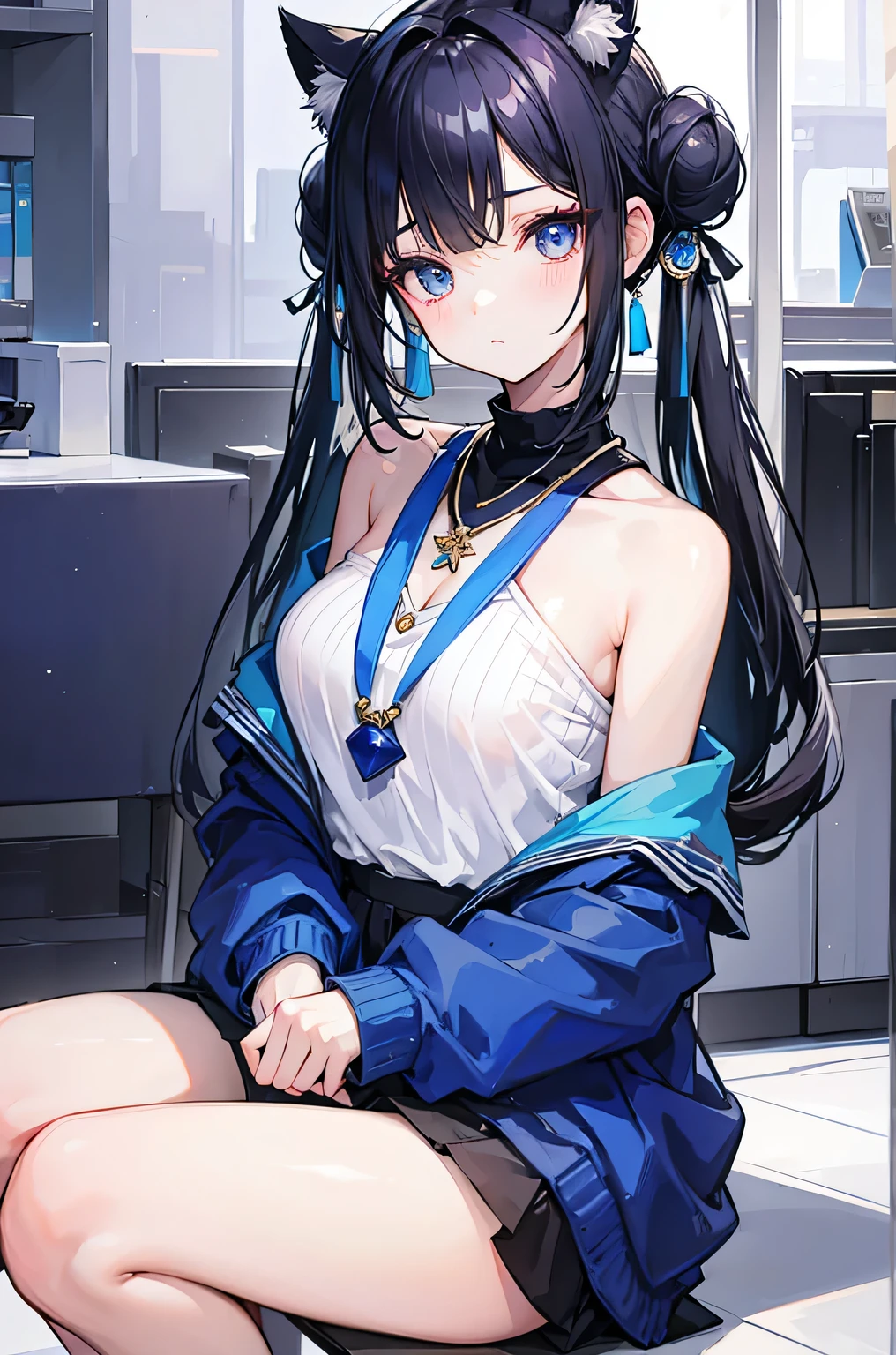  Blue half-shoulder sweater，Fair skin and beautiful appearance，Black hair  bun，Sweet peach face makeup，necklace