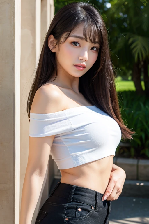(masterpiece:1.3), (8k, Realistic, RAW Photos, Best image quality: 1.4), Mid-chest、(Highly detailed face)、Eye for detail、Attention to detail、double eyelid、((Sharp focus:1.2))、One pretty woman:1.4、25 year old woman、Standing posture、((Black Hair))、Ultra-high resolution、super high quality、Symmetrical face、Photo level、The face is very realistic、Detailed skin、Extremely realistic skin、Realistic light and shadow effects、Professional Lighting、Off-the-shoulder T-shirt、Belly button、((Angle from waist up))、((outside、Town))