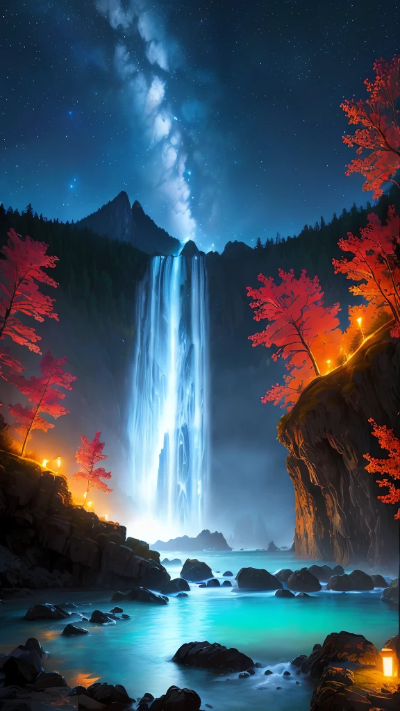 Starry night scene with waterfall and red trees in the foreground, 8k stunning artwork, Beautiful art UHD 4K, Epic fantasy landscape, 4k highly detailed digital art, Beautiful digital artwork, Galaxy Falls, Night natural landscape, jessica rossier fantasy art, ryan dyar, Stunning waterfalls, Mysterious fantasy landscape, bioluminescent waterfall