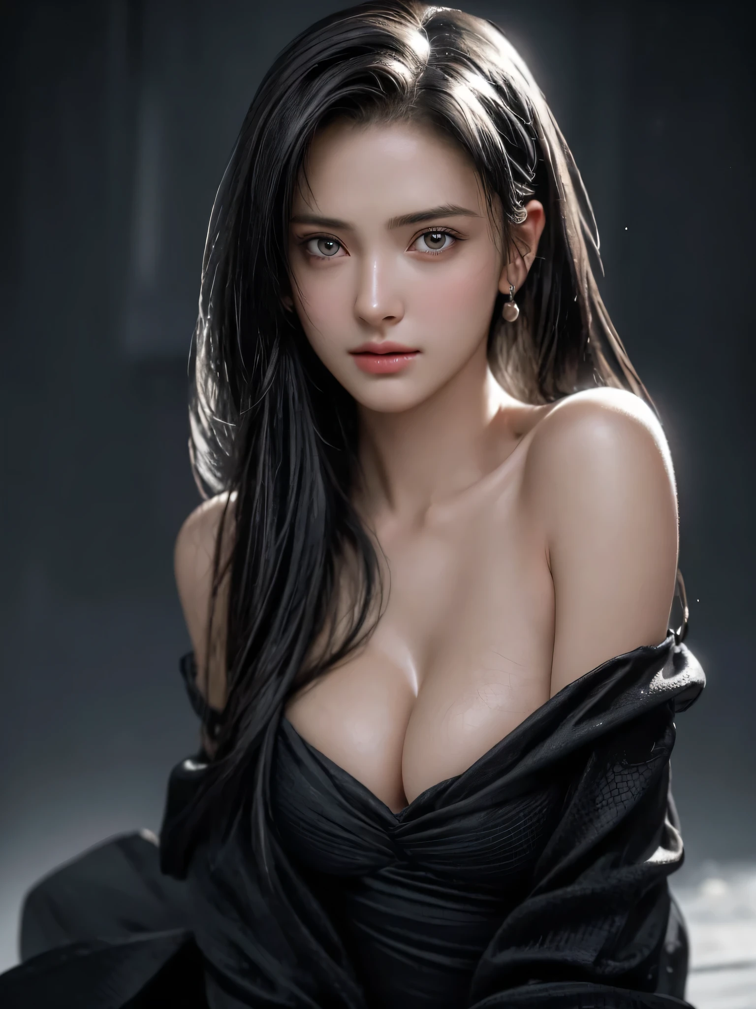 (Girl in a semi-transparent off-the-shoulder black dress)、, (photo realistic:1.4), (hyper realistic:1.4), (realistic:1.3), (smoother lighting:1.05), (increase cinematic lighting quality:0.9),. 32K, 1girl,20yo girl, realistic lighting, backlight, light on face, ray trace, (brightening light:1. 2), (increase image quality:1.4), (highest quality realistic textured skin:1.4), finely drawn eyes, finely drawn face, finely textured eyes, (tired, sleepy and satisfied:0.0), close-up of face, shirt with large cleavage visible, (enhance atmosphere of body lines:1.1), (beautiful textured skin:1.1)